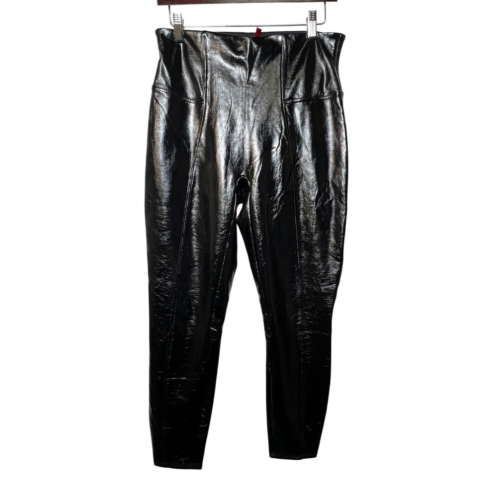 Spanx Womens Leggings Patent Faux Leather Large Petite Black High Rise Cropped